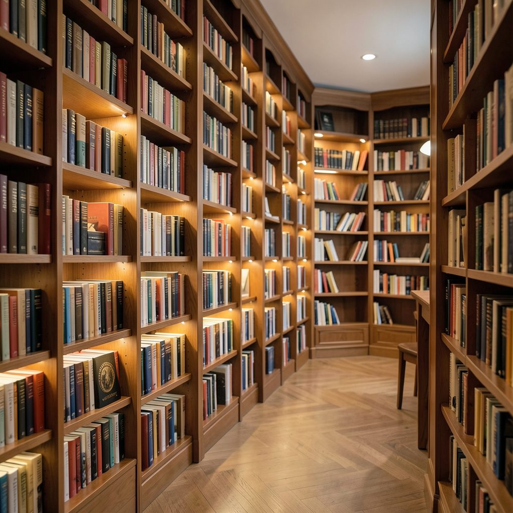 Бібліотека з високими стелажами, заповненими книгами, м'яке тепле освітлення, тиха читальна зона