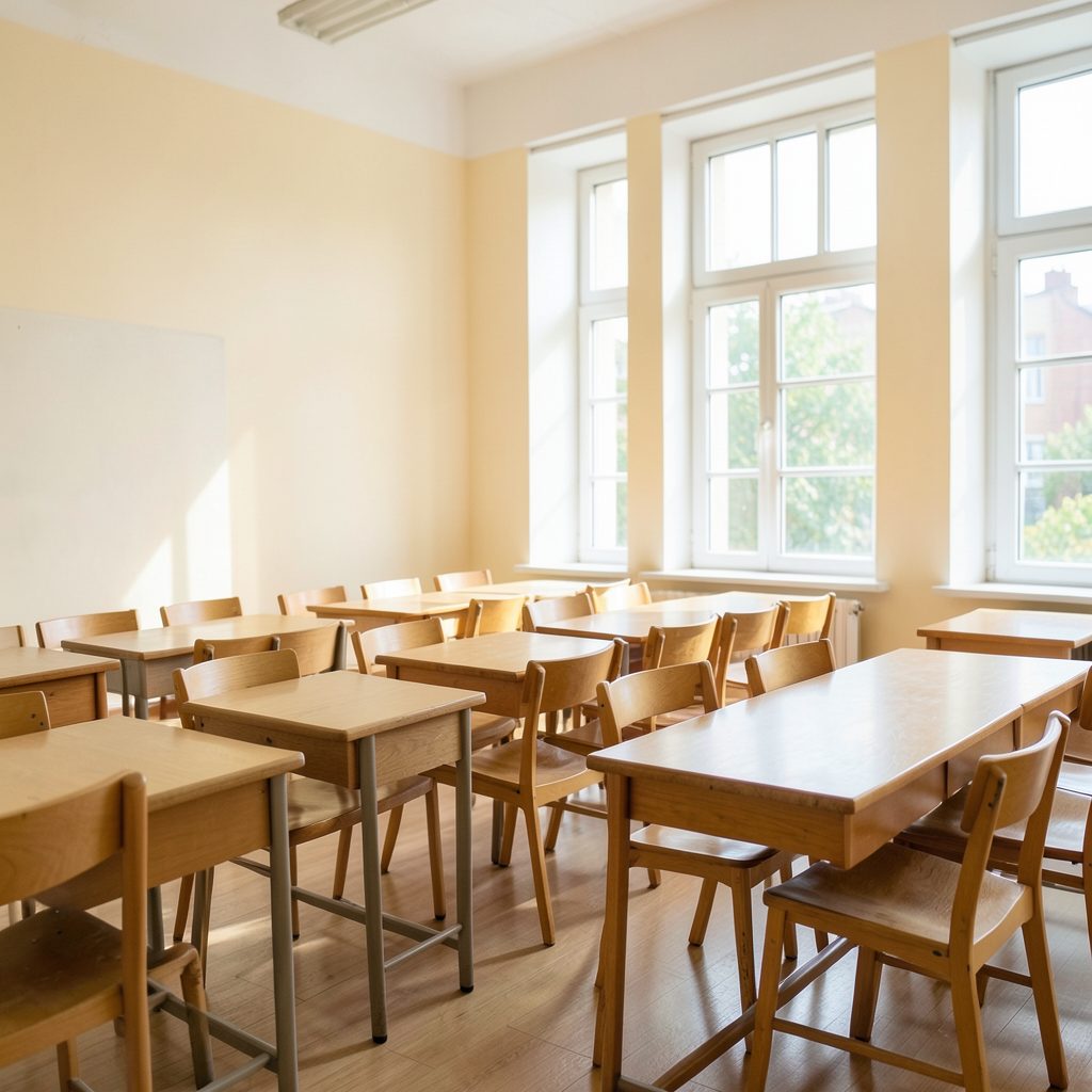 Світла навчальна аудиторія з рядами дерев'яних столів і стільців, великі вікна пропускають денне світло, стіни кремового відтінку, спокійна академічна атмосфера